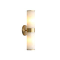 Crestmoor Vanity Alabaster Sconce — full fixture profile, two stone cylinders at opposite ends of a brass frame (view 1)