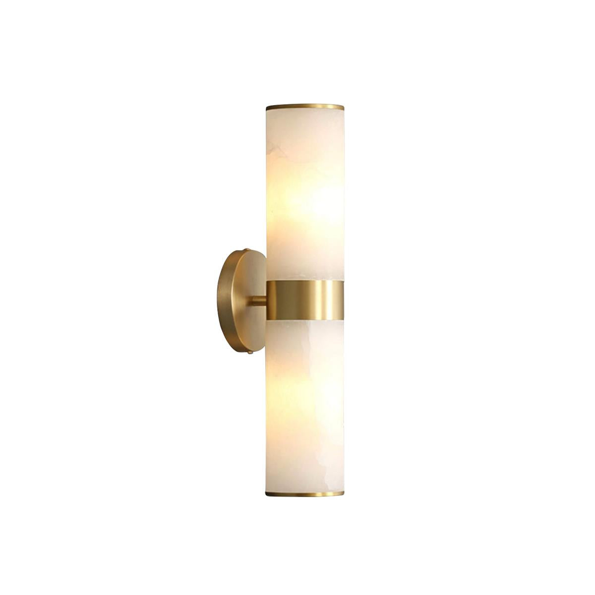 Crestmoor Vanity Alabaster Sconce — full fixture profile, two stone cylinders at opposite ends of a brass frame (view 1)
