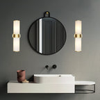 Crestmoor Vanity Alabaster Sconce — additional product view, two stone cylinders at opposite ends of a brass frame (view 5)