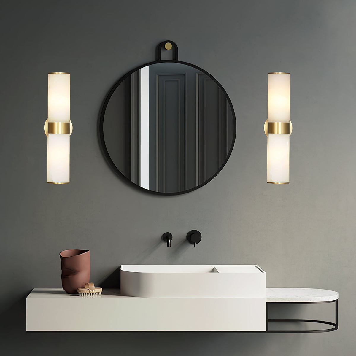 Crestmoor Vanity Alabaster Sconce — additional product view, two stone cylinders at opposite ends of a brass frame (view 5)