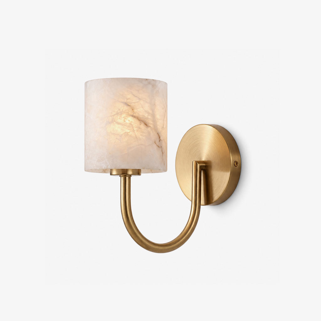 Crook Alabaster Wall Sconce — full fixture profile, a cylindrical stone shade beneath a hook-shaped arm (view 1)