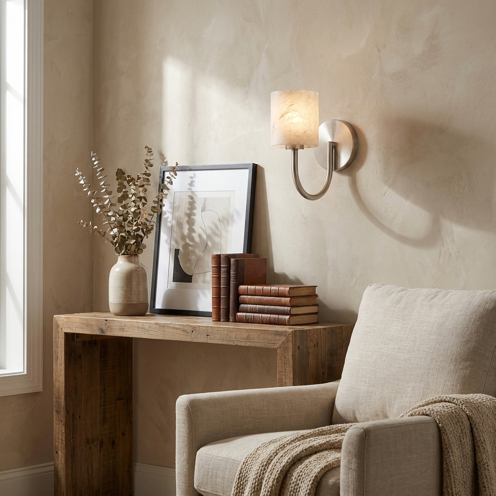 Crook Alabaster Wall Sconce — product setting and fixture profile, a cylindrical stone shade beneath a hook-shaped arm (view 2)