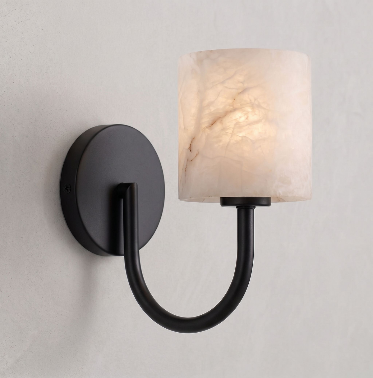Crook Alabaster Wall Sconce — additional product view, a cylindrical stone shade beneath a hook-shaped arm (view 3)
