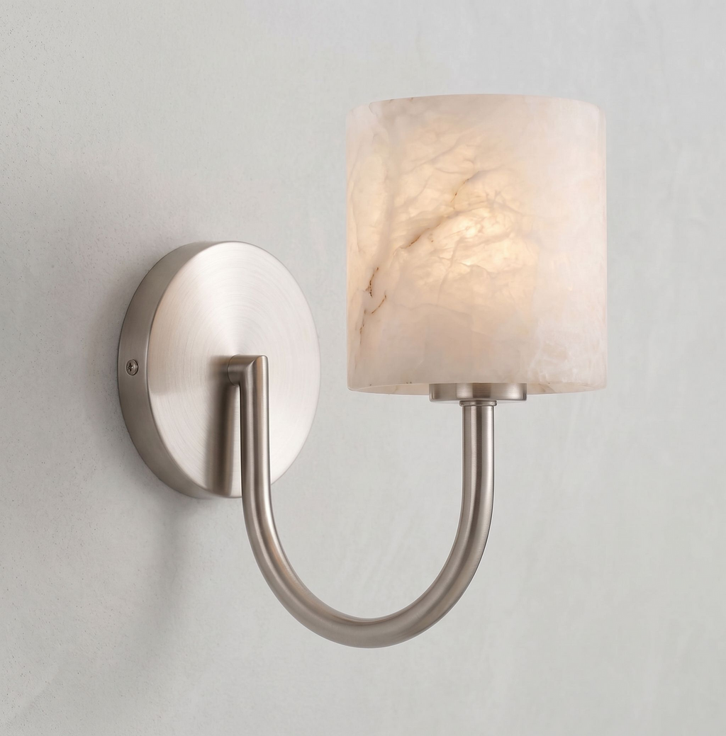 Crook Alabaster Wall Sconce — additional product view, a cylindrical stone shade beneath a hook-shaped arm (view 4)