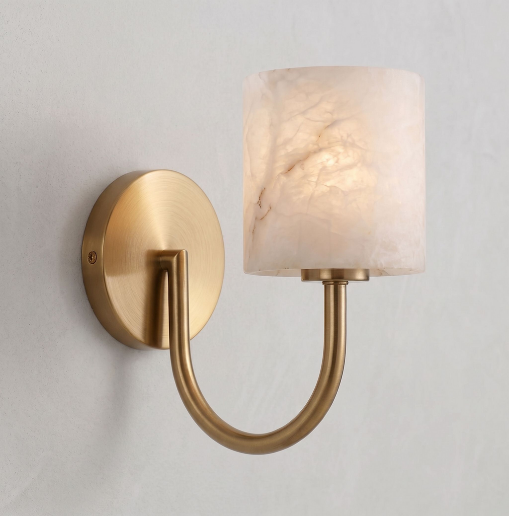 Crook Alabaster Wall Sconce — additional product view, a cylindrical stone shade beneath a hook-shaped arm (view 5)