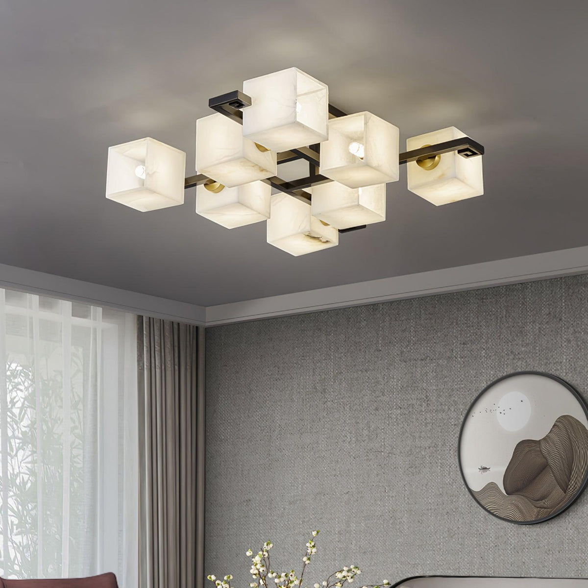 Cubist Alabaster Cluster Ceiling Lamp — product setting and fixture profile, stone cubes supported by a compact metal frame (view 2)