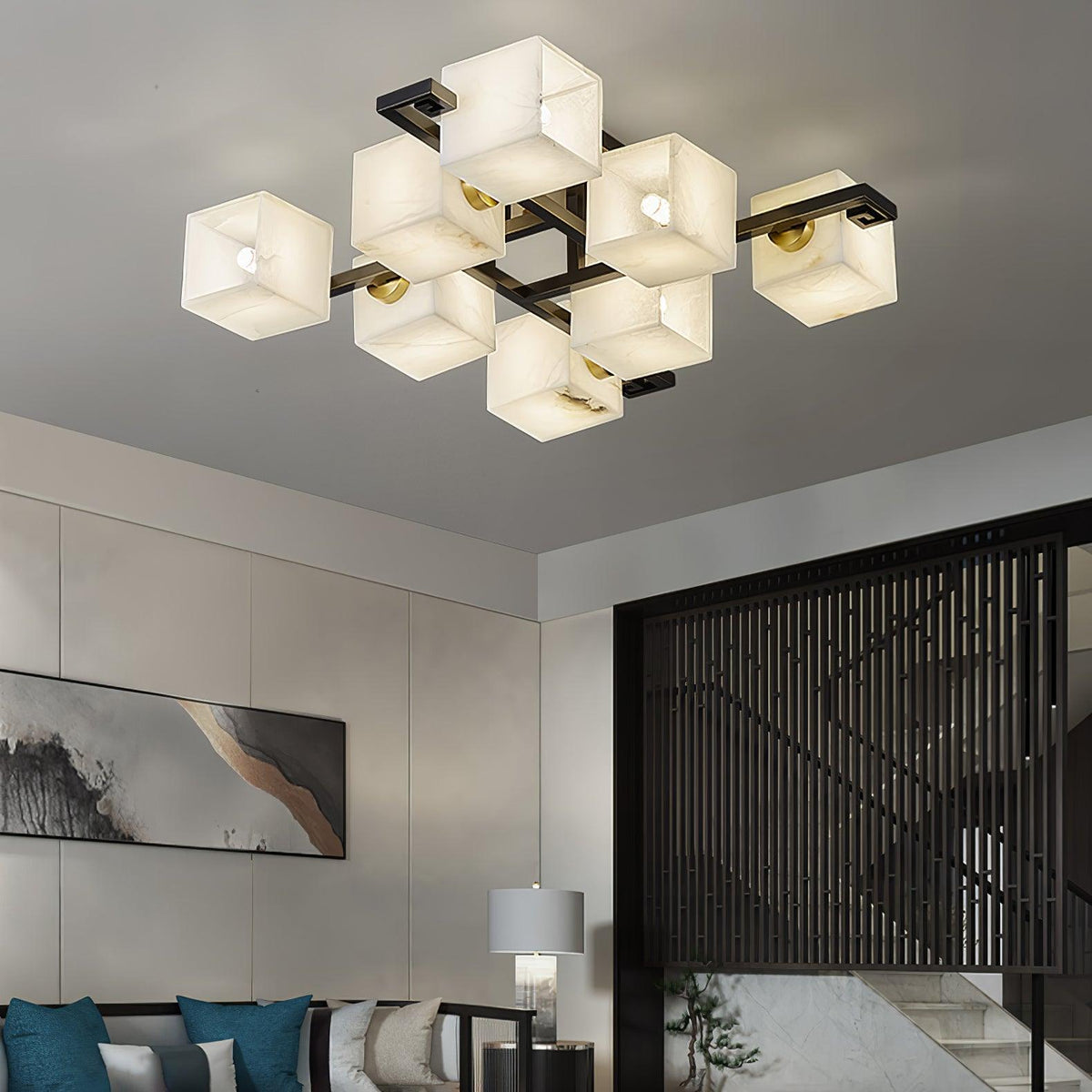 Cubist Alabaster Cluster Ceiling Lamp — additional product view, stone cubes supported by a compact metal frame (view 5)