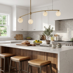 Cumulus Alabaster Chandelier — product setting and fixture profile, four globe shades beneath a gently arched bar (view 2)