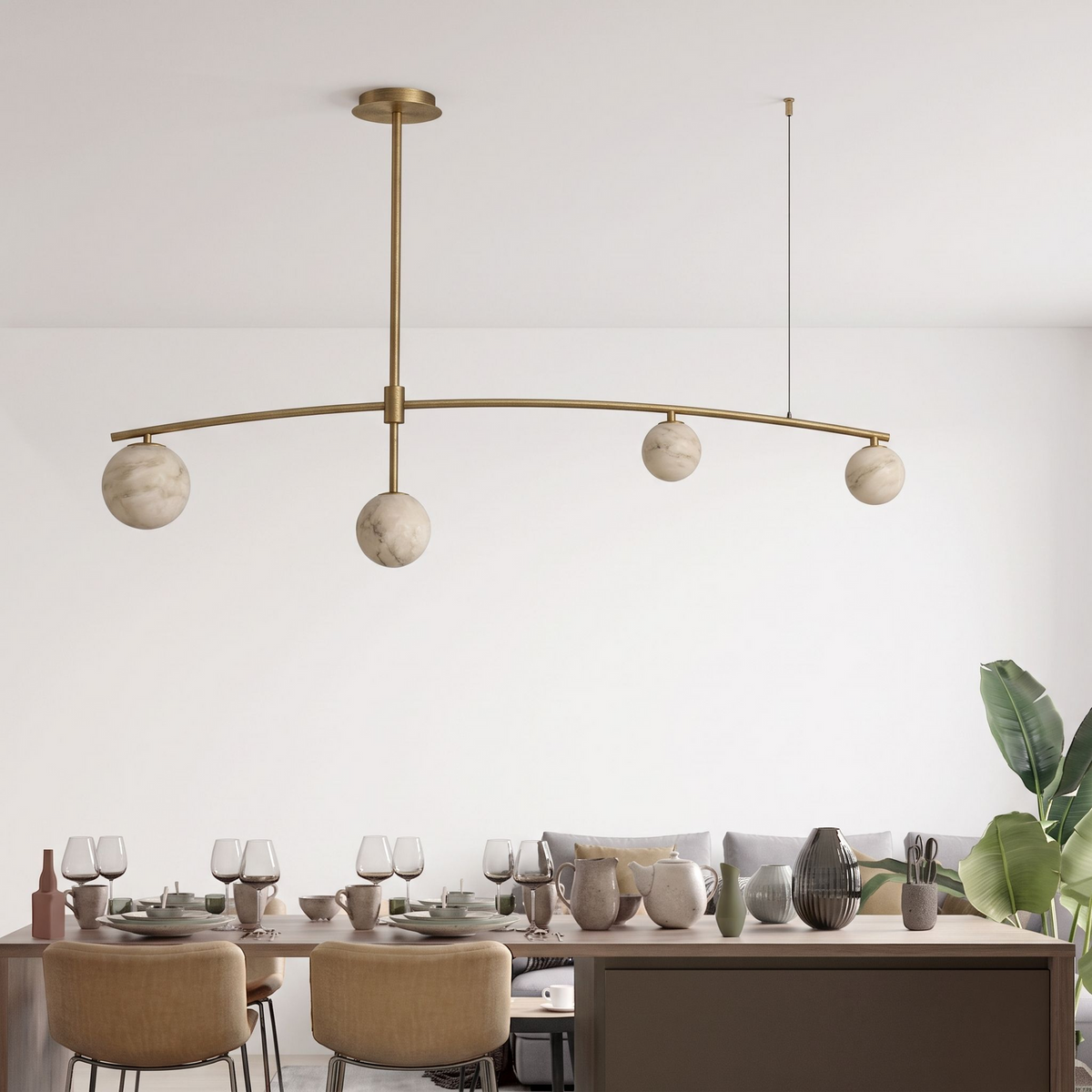Cumulus Alabaster Chandelier — additional product view, four globe shades beneath a gently arched bar (view 4)