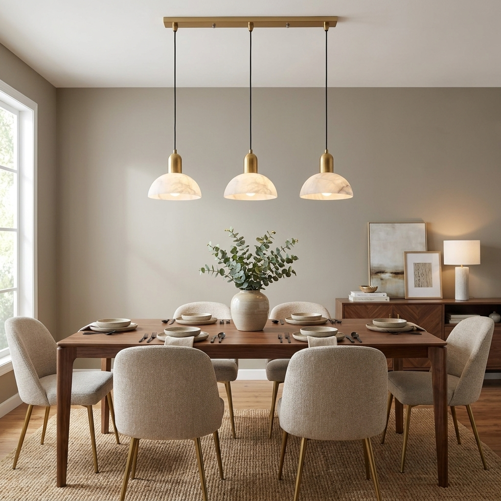 Cupola Alabaster Pendant Lamp — product setting and fixture profile, three stone domes hanging in a row from a rectangular canopy (view 2)