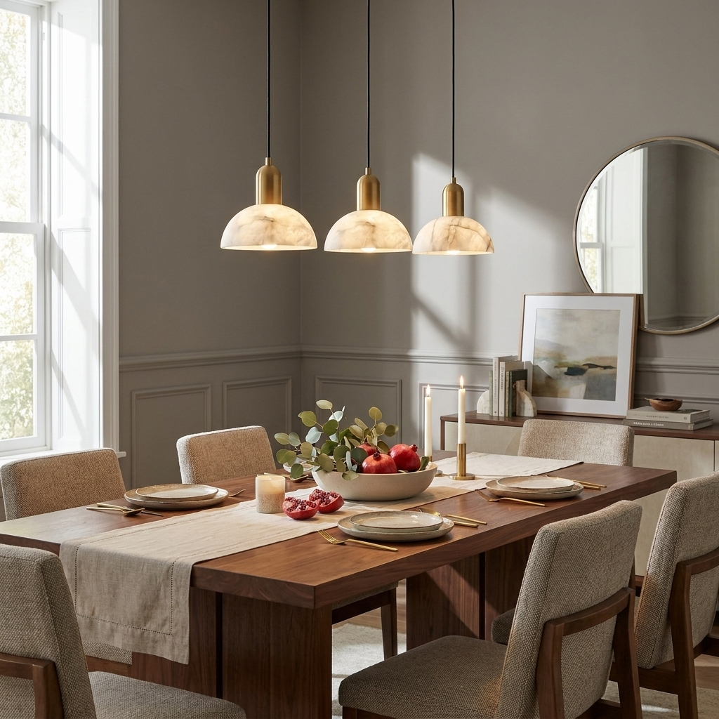 Cupola Alabaster Pendant Lamp — additional product view, three stone domes hanging in a row from a rectangular canopy (view 3)