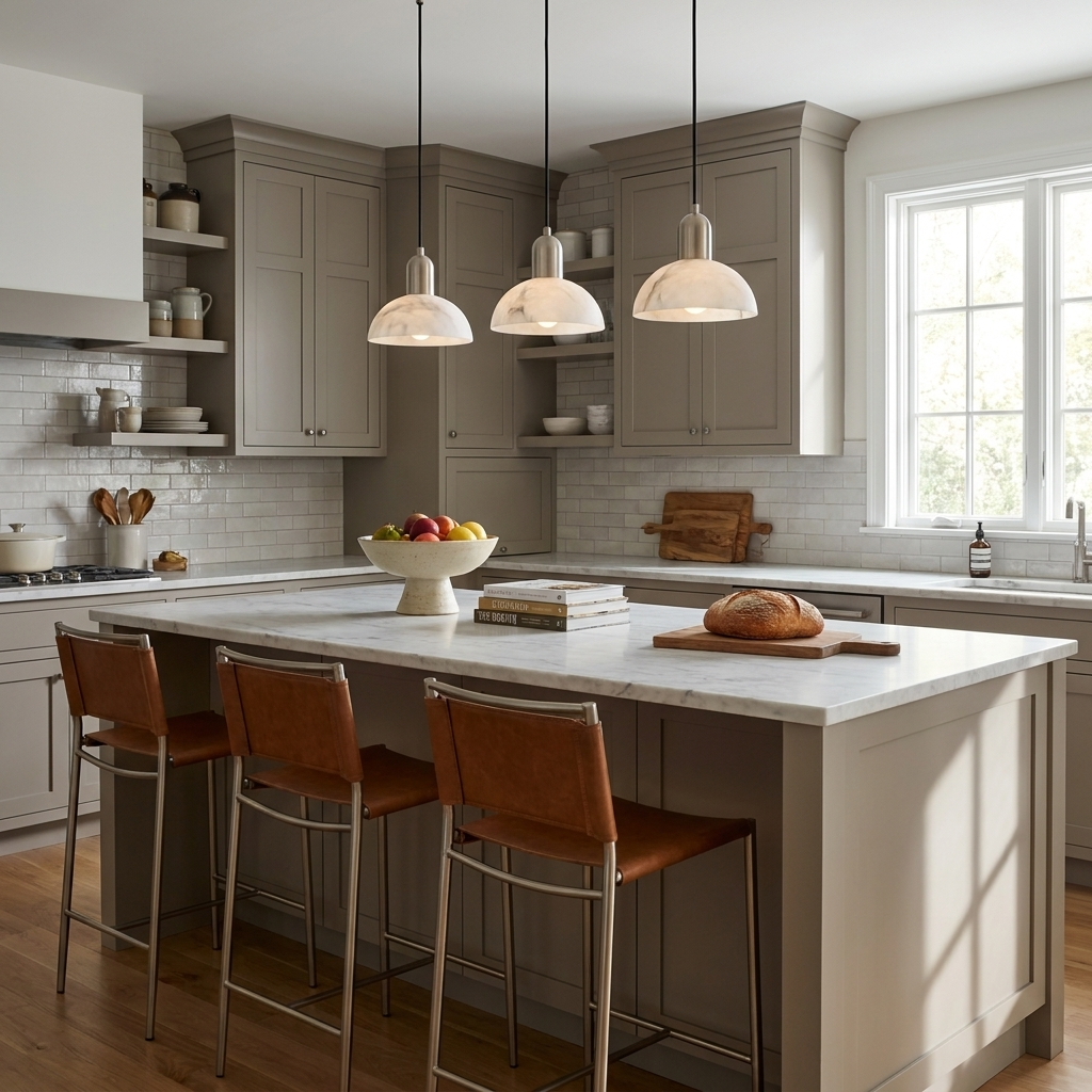 Cupola Alabaster Pendant Lamp — additional product view, three stone domes hanging in a row from a rectangular canopy (view 4)