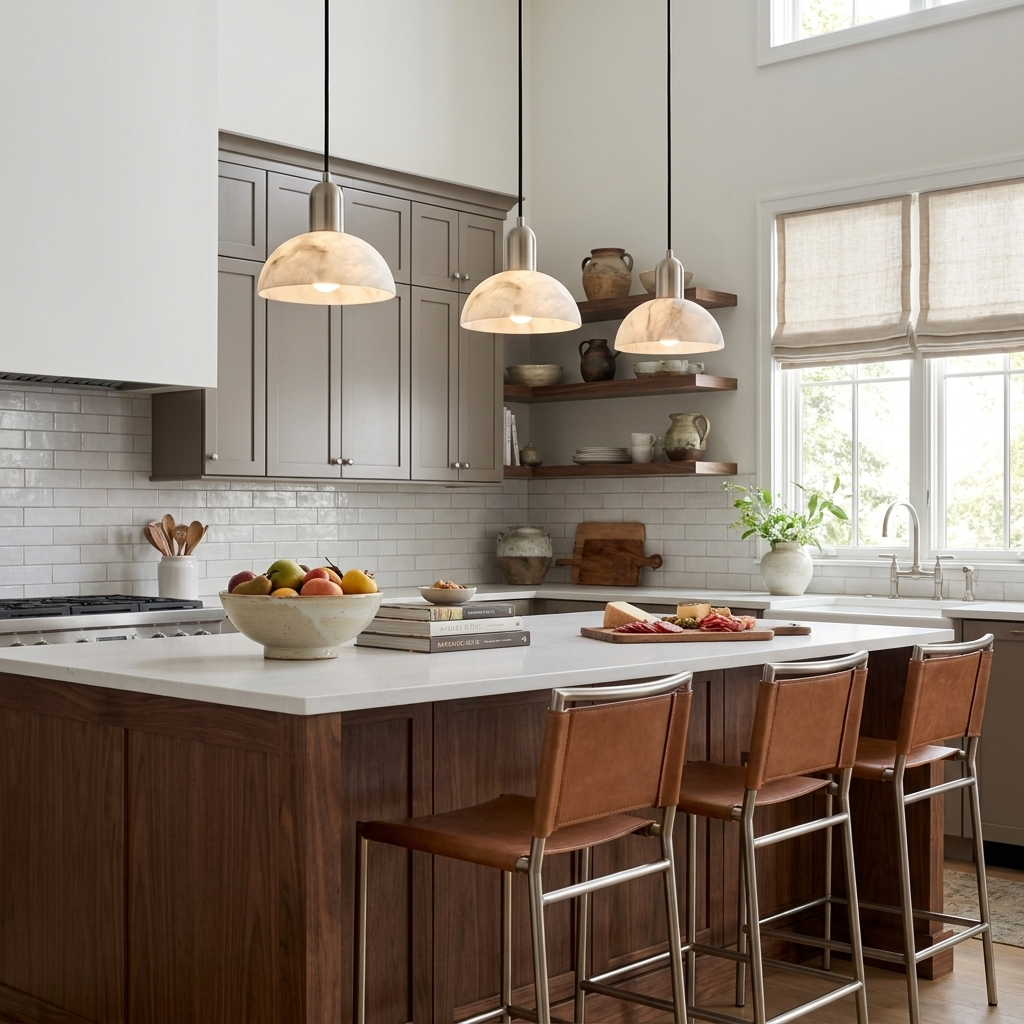 Cupola Alabaster Pendant Lamp — additional product view, three stone domes hanging in a row from a rectangular canopy (view 5)