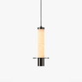 Cylindrical Plinth Alabaster Pendant Lamp — full fixture profile, a stone cylinder above a dark metal plinth (view 1)