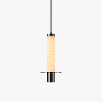 Cylindrical Plinth Alabaster Pendant Lamp — full fixture profile, a stone cylinder above a dark metal plinth (view 1)