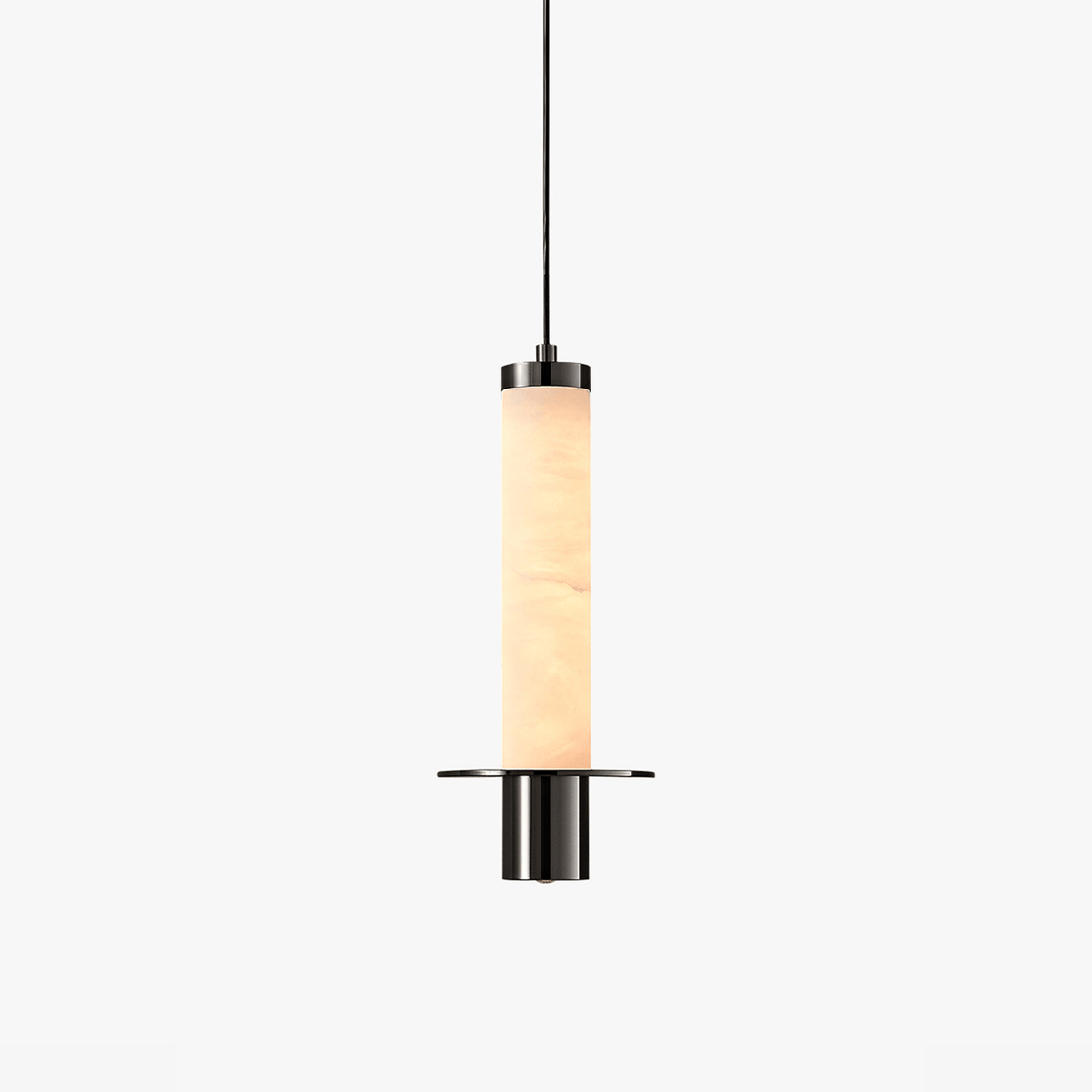 Cylindrical Plinth Alabaster Pendant Lamp — full fixture profile, a stone cylinder above a dark metal plinth (view 1)