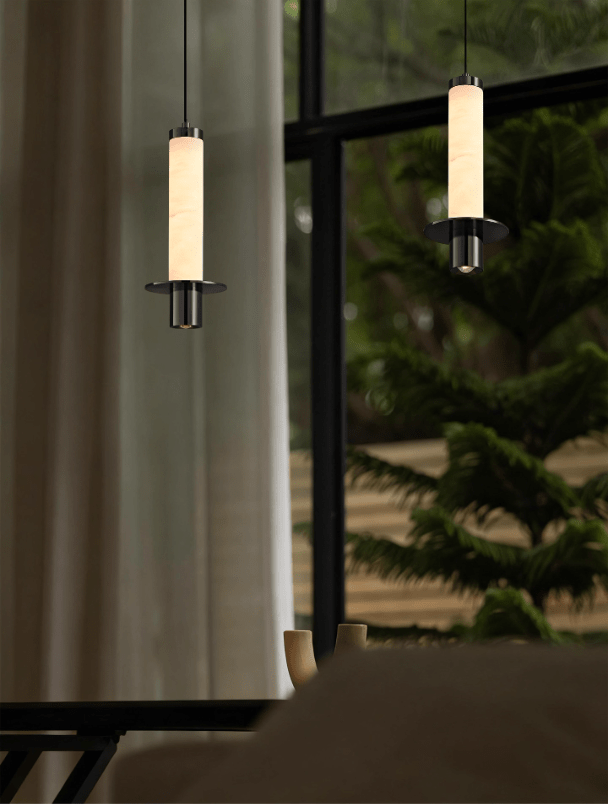 Cylindrical Plinth Alabaster Pendant Lamp — additional product view, a stone cylinder above a dark metal plinth (view 3)