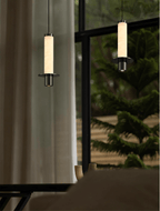 Cylindrical Plinth Alabaster Pendant Lamp — additional product view, a stone cylinder above a dark metal plinth (view 3)