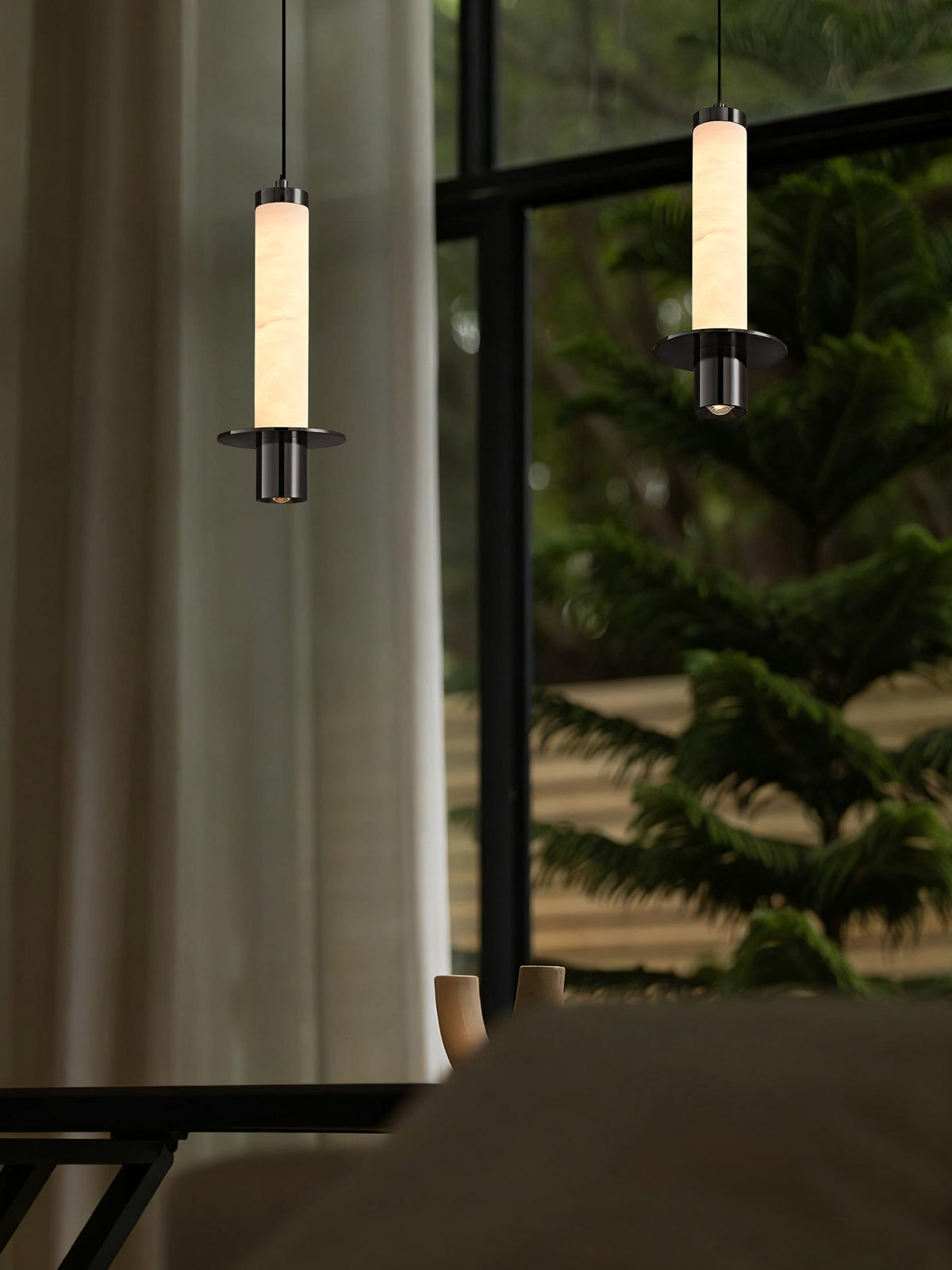 Cylindrical Plinth Alabaster Pendant Lamp — additional product view, a stone cylinder above a dark metal plinth (view 4)