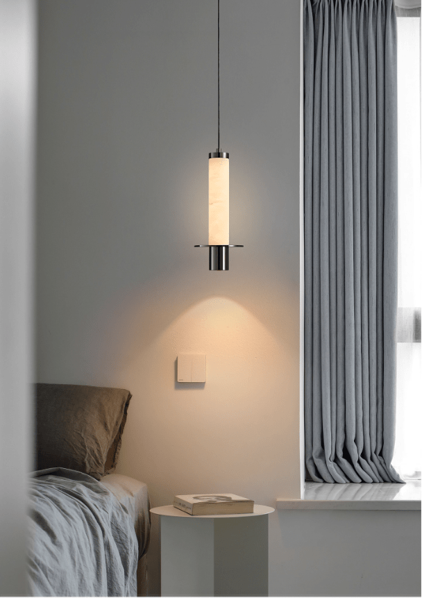 Cylindrical Plinth Alabaster Pendant Lamp — additional product view, a stone cylinder above a dark metal plinth (view 5)