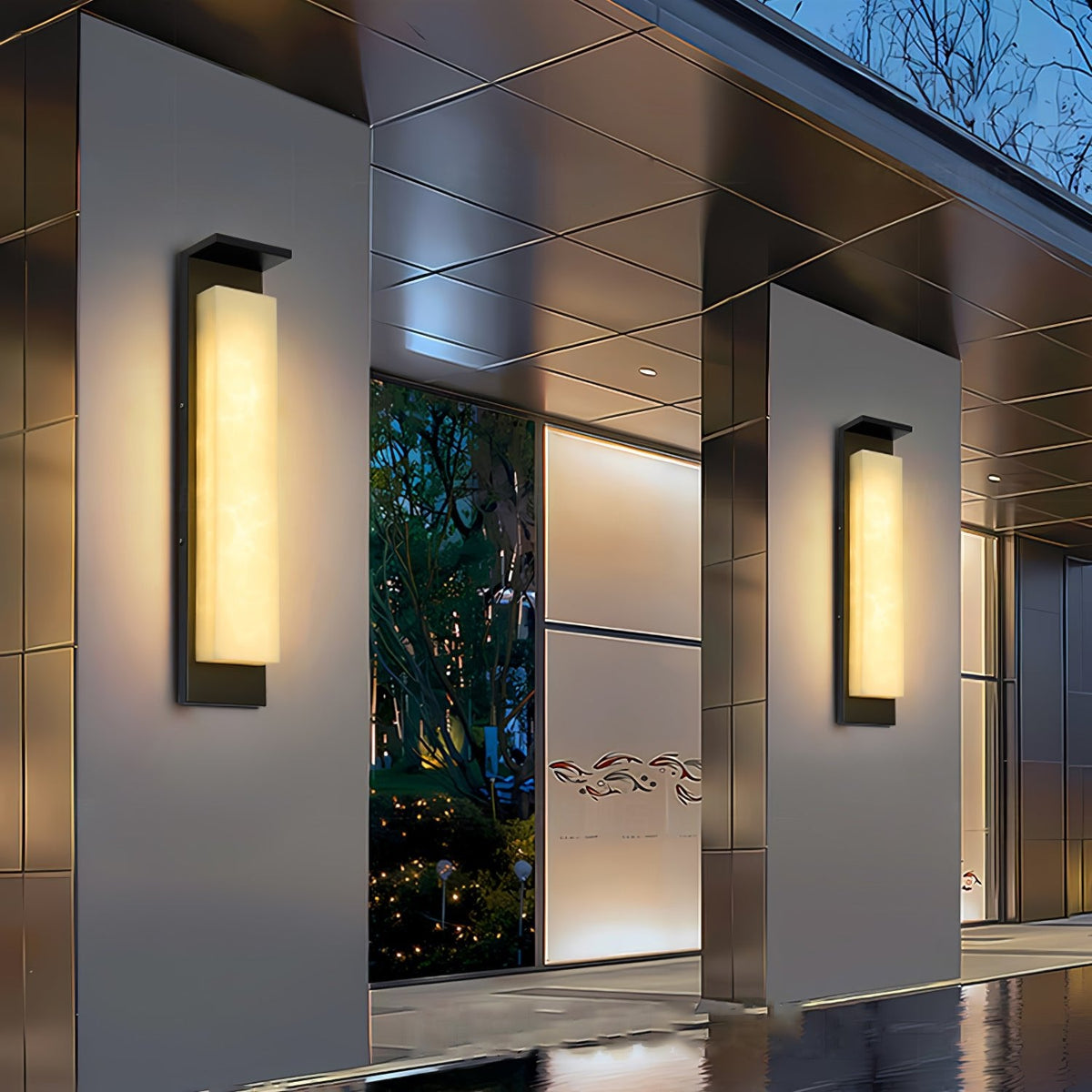 Delaney Outdoor Wall Light — product setting and fixture profile, a tall resin wall diffuser with stainless steel hardware (view 2)