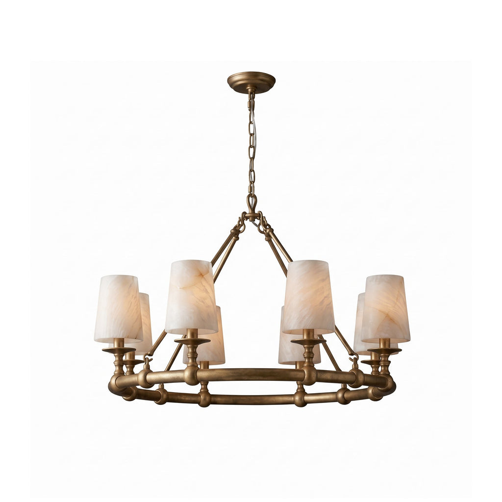 Devon Round Alabaster Chandelier — full fixture profile, stone shades around a circular brass frame (view 1)