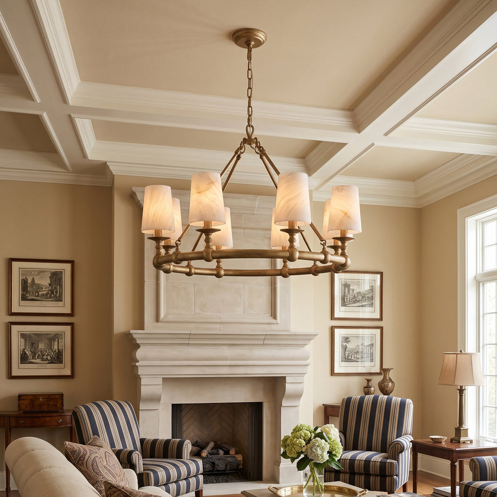Devon Round Alabaster Chandelier — product setting and fixture profile, stone shades around a circular brass frame (view 2)