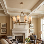 Devon Round Alabaster Chandelier — product setting and fixture profile, stone shades around a circular brass frame (view 2)