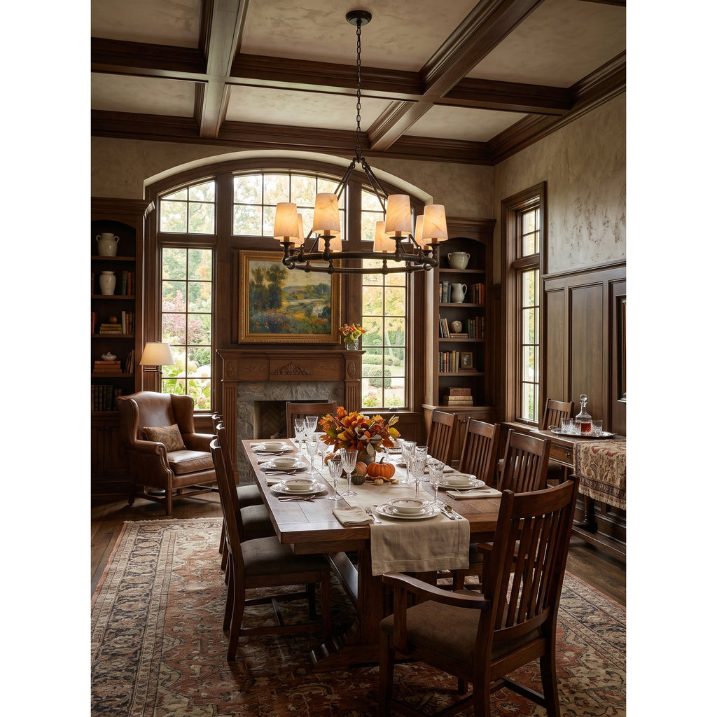 Devon Round Alabaster Chandelier — additional product view, stone shades around a circular brass frame (view 5)