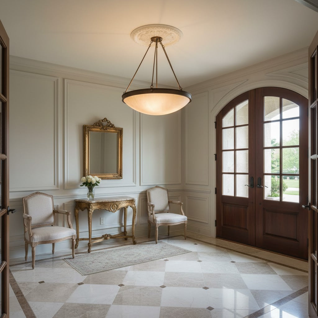 Dionne Alabaster Ceiling Lamp — product setting and fixture profile, a shallow stone bowl supported by slender tie rods (view 2)