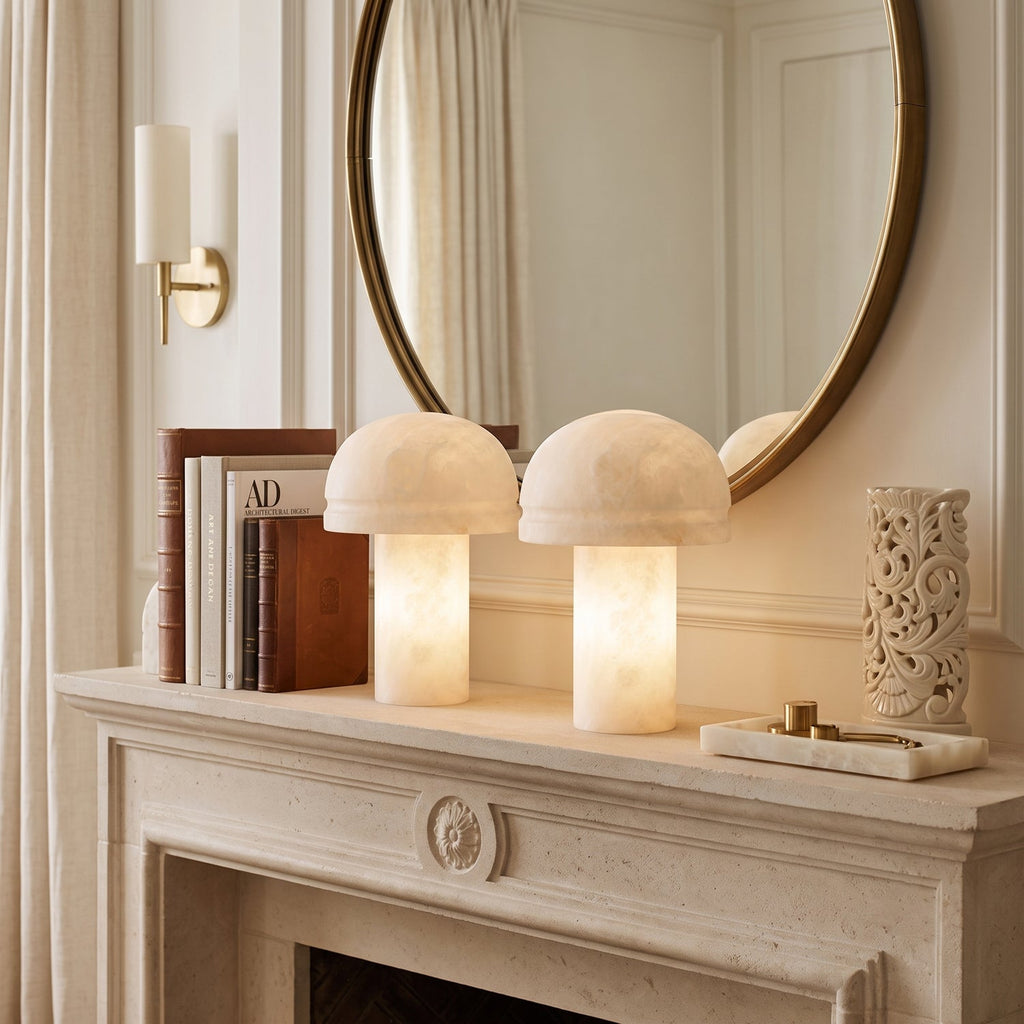 Dometra Alabaster Table Lamp — product setting and fixture profile, a stone diffuser with a domed tabletop profile (view 2)
