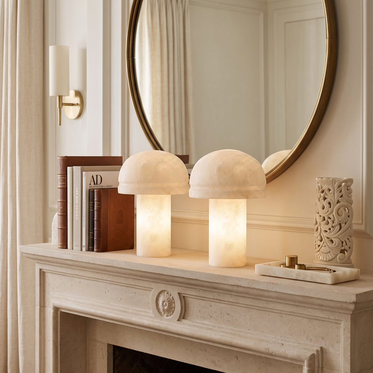 Dometra Alabaster Table Lamp — product setting and fixture profile, a stone diffuser with a domed tabletop profile (view 2)