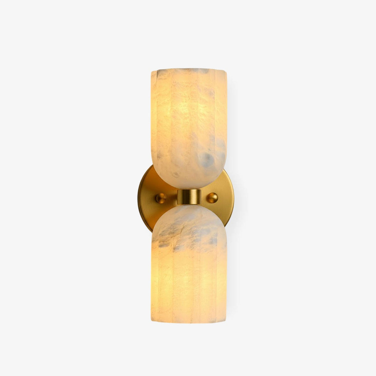 Dual Alabaster Ribbed Wall Sconce — full fixture profile, two ribbed stone shades on a metal wall mount (view 1)