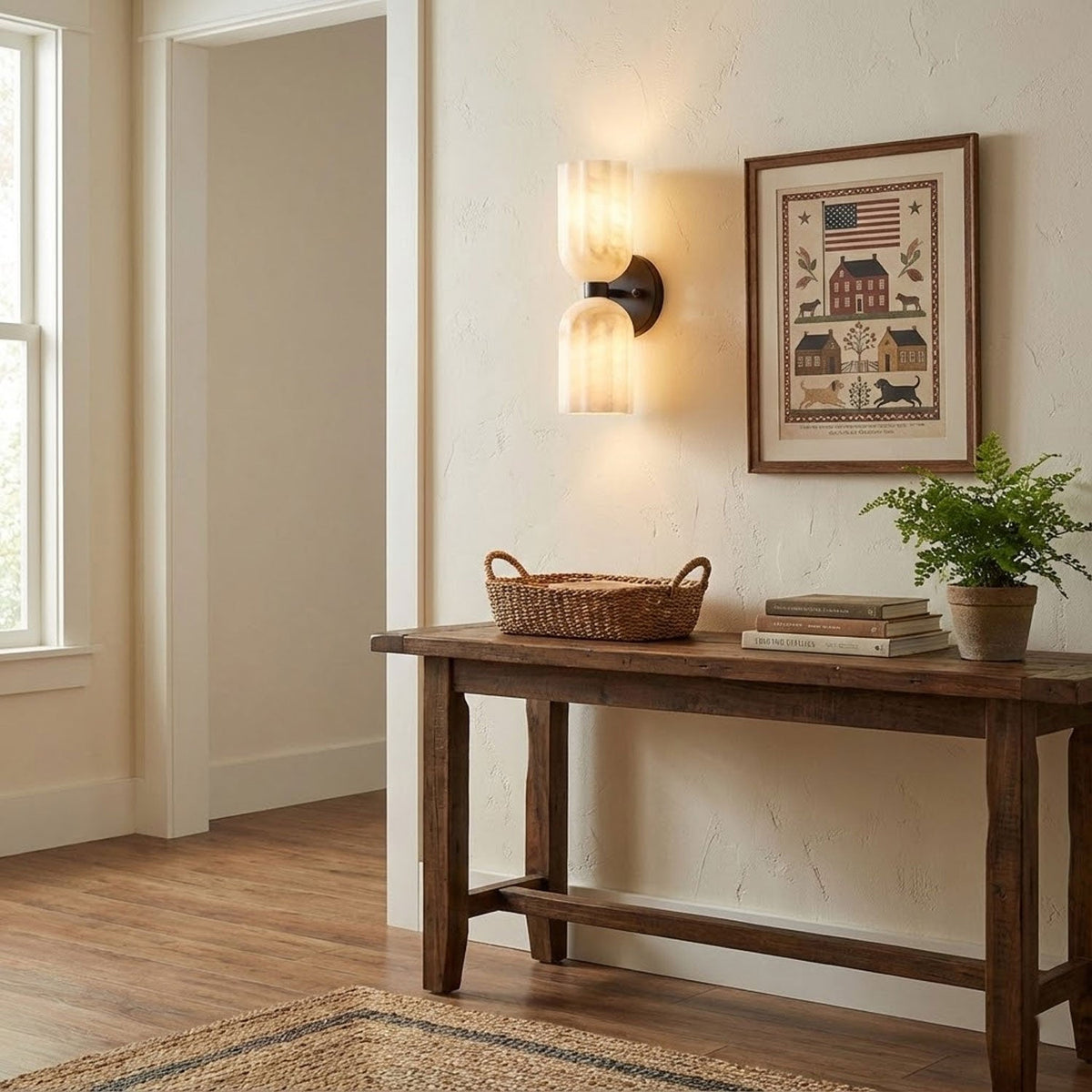 Dual Alabaster Ribbed Wall Sconce — additional product view, two ribbed stone shades on a metal wall mount (view 5)