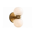 Dual Globe Alabaster Wall Lamp — full fixture profile, two rounded stone shades on a brass wall mount (view 1)
