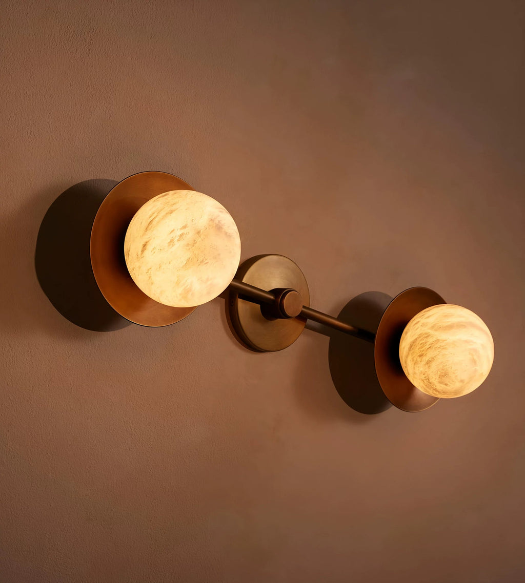 Dual Halo Alabaster Wall Light — additional product view, two stone spheres within metal rings (view 5)