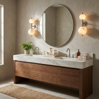 Duet Alabaster Wall Sconce — product setting and fixture profile, two different-sized stone spheres on one vertical rod (view 2)