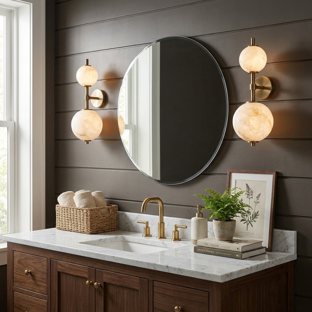 Duet Alabaster Wall Sconce — additional product view, two different-sized stone spheres on one vertical rod (view 4)