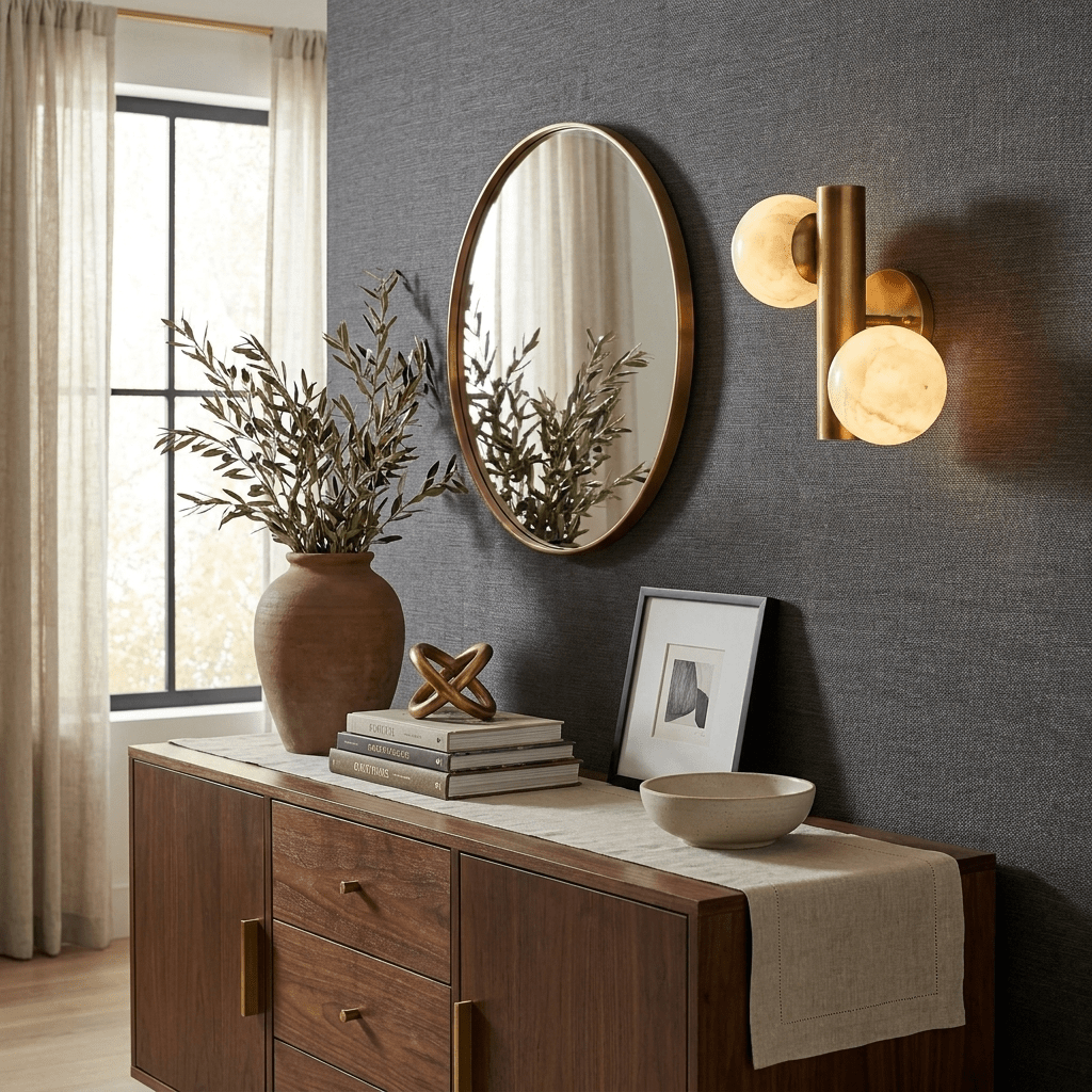 Duo Alabaster Globe Wall Sconce — product setting and fixture profile, two stone globes on a compact wall-mounted frame (view 2)