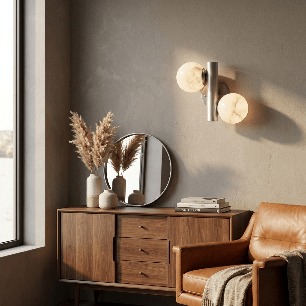 Duo Alabaster Globe Wall Sconce — additional product view, two stone globes on a compact wall-mounted frame (view 5)