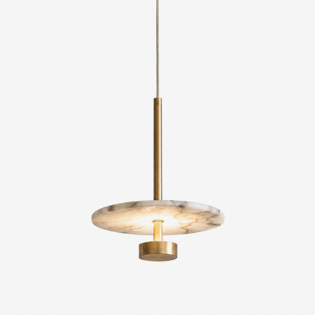 Eclipse Alabaster Pendant Lamp — full fixture profile, a flat stone disc suspended from a slender metal rod (view 1)