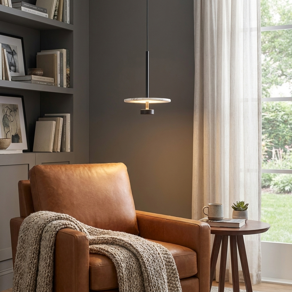 Eclipse Alabaster Pendant Lamp — product setting and fixture profile, a flat stone disc suspended from a slender metal rod (view 2)