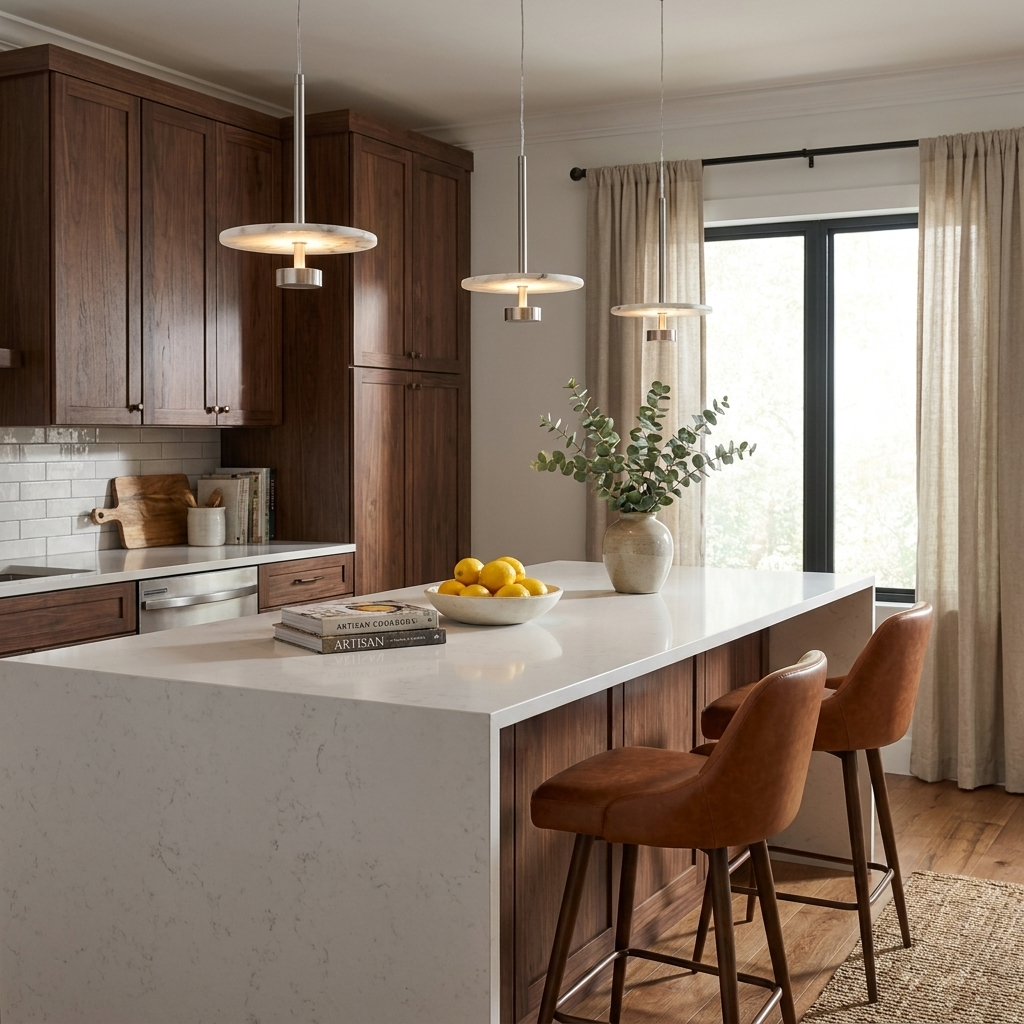 Eclipse Alabaster Pendant Lamp — additional product view, a flat stone disc suspended from a slender metal rod (view 3)