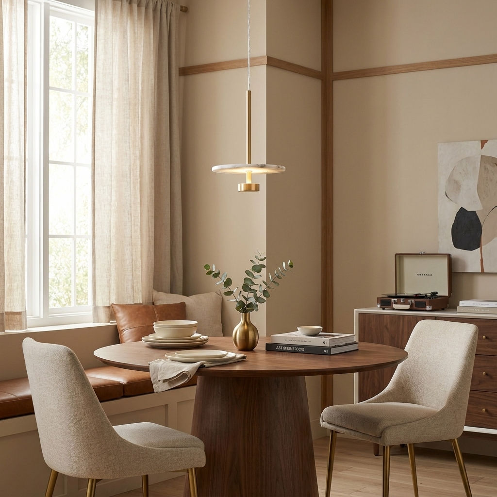 Eclipse Alabaster Pendant Lamp — additional product view, a flat stone disc suspended from a slender metal rod (view 5)