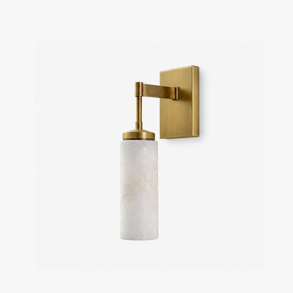Elbow Alabaster Wall Sconce — full fixture profile, a cylindrical stone shade beneath a right-angle metal arm (view 1)