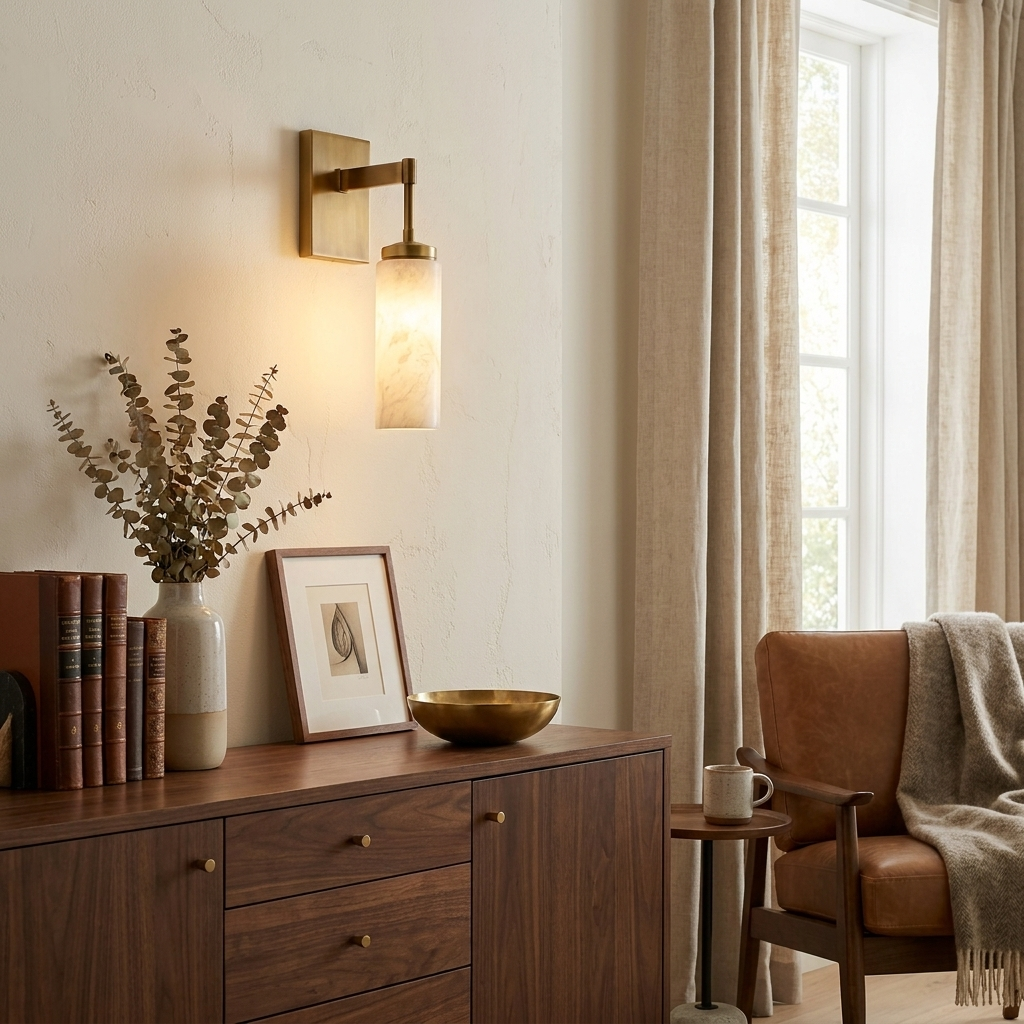 Elbow Alabaster Wall Sconce — additional product view, a cylindrical stone shade beneath a right-angle metal arm (view 4)