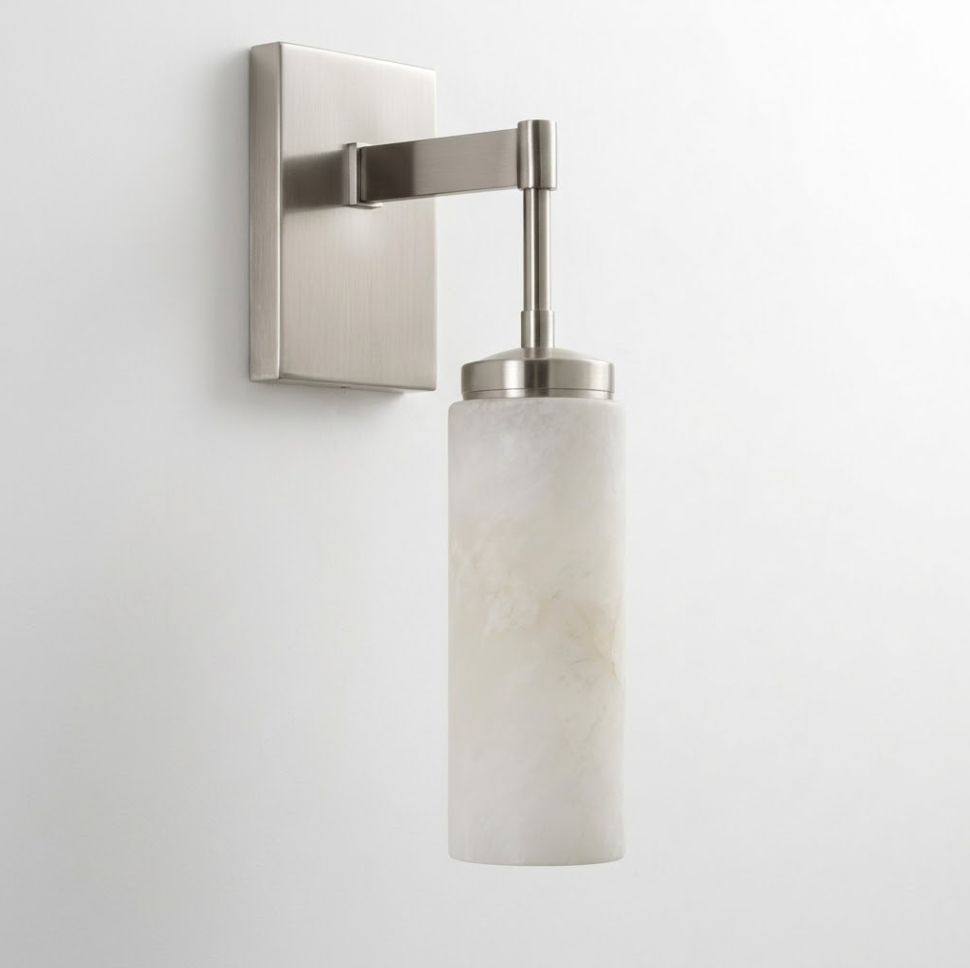 Elbow Alabaster Wall Sconce — additional product view, a cylindrical stone shade beneath a right-angle metal arm (view 5)