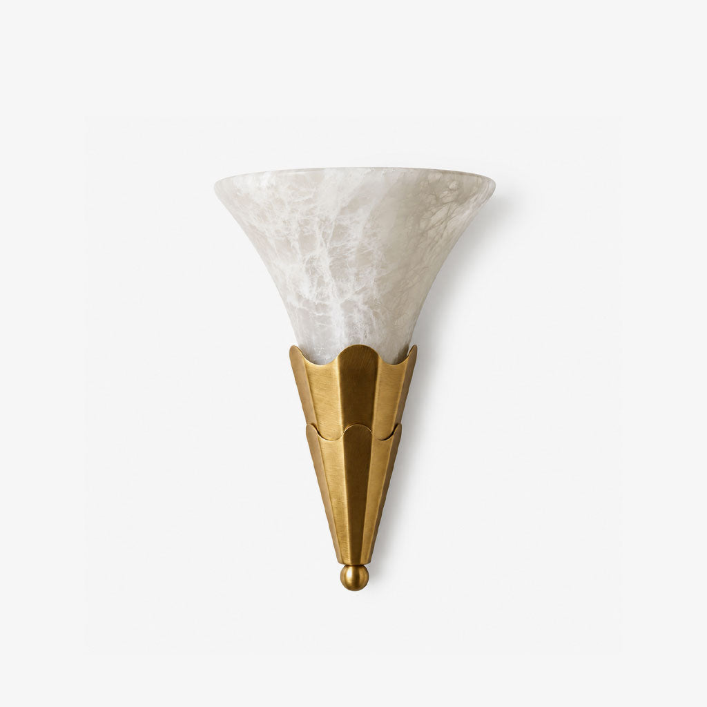 Fanlight Alabaster Wall Sconce — full fixture profile, an upward-facing stone shade inside a fluted fan-shaped metal base (view 1)