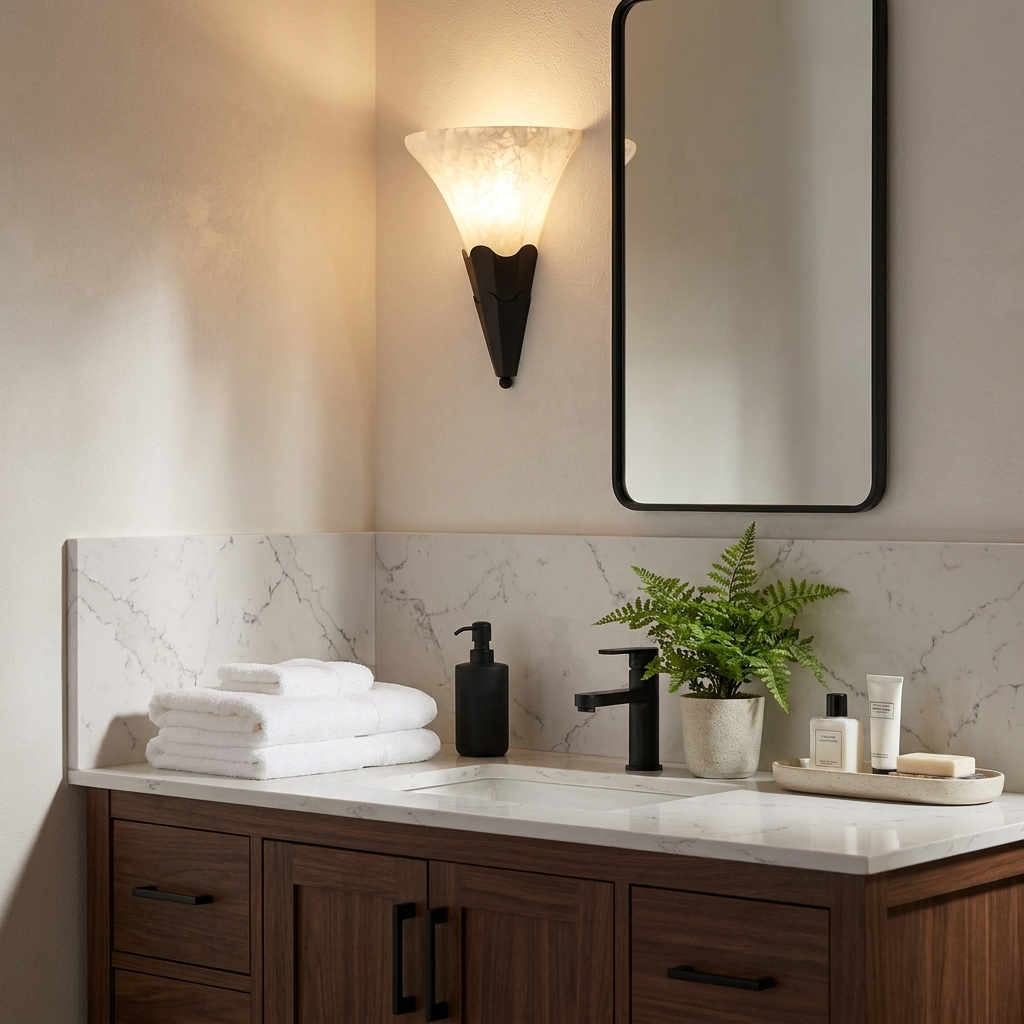 Fanlight Alabaster Wall Sconce — additional product view, an upward-facing stone shade inside a fluted fan-shaped metal base (view 3)