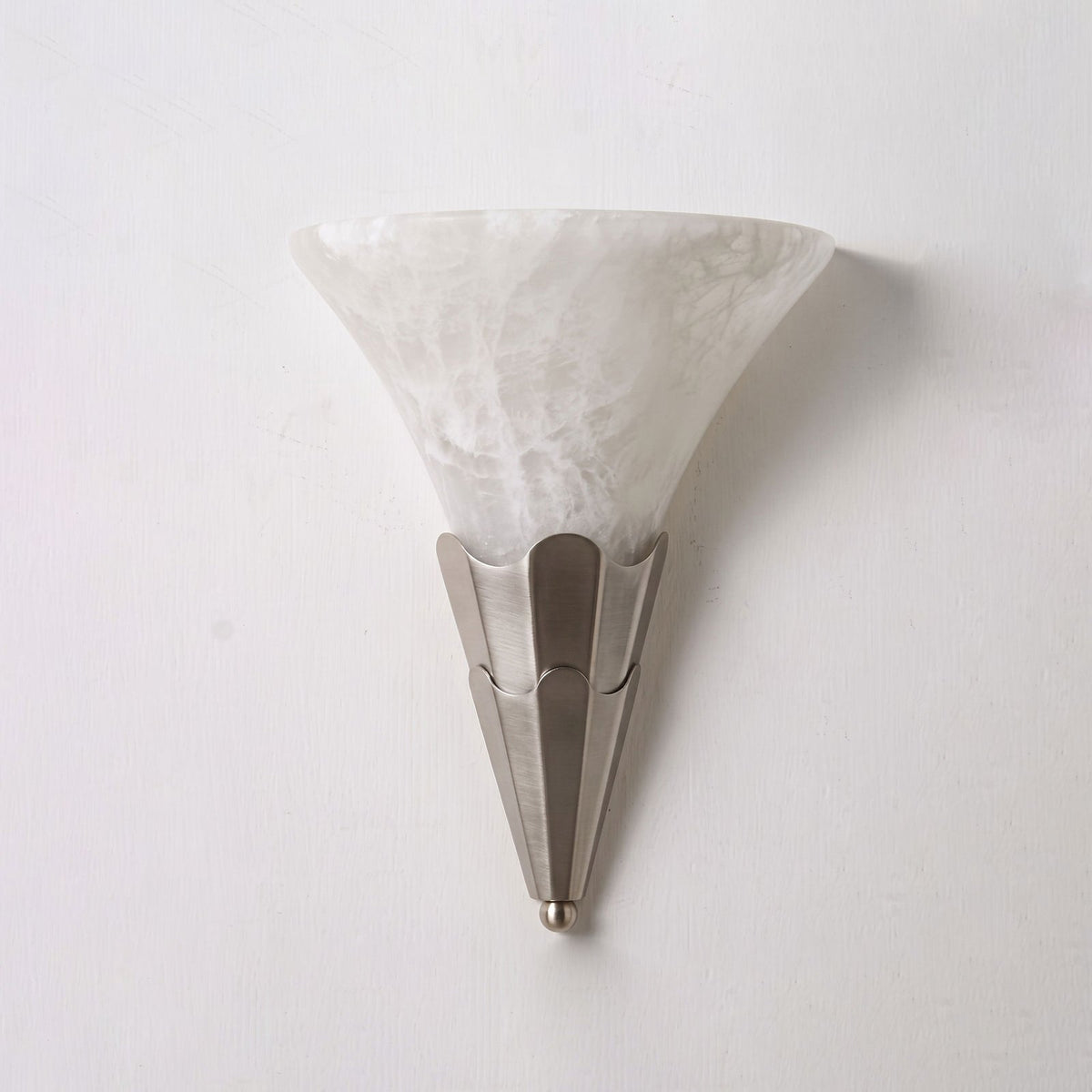 Fanlight Alabaster Wall Sconce — additional product view, an upward-facing stone shade inside a fluted fan-shaped metal base (view 5)